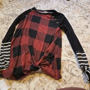 Maurices Red and Black Checkered Top with Striped Sleeves